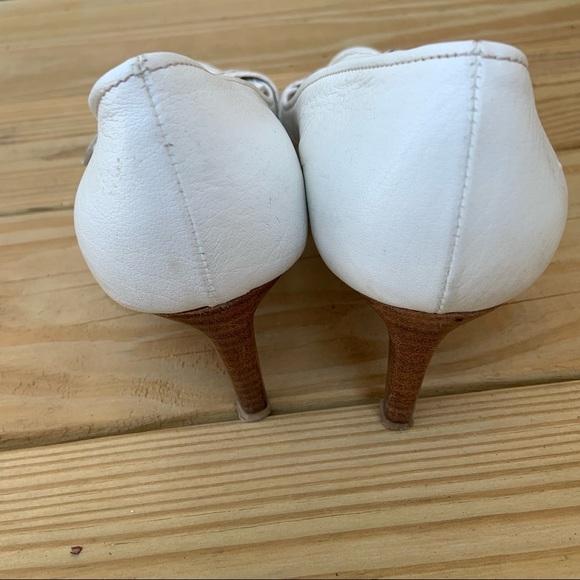 Miu Miu by Prada White Navy Blue Stripe Ribbon Heels Shoes Italy 38.5 Leather - Picture 5 of 14